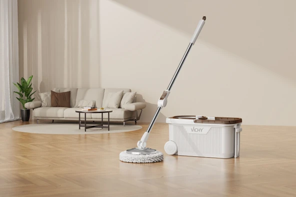 VICHY 360° Döner Mop  Tekerlekli Temizlik Seti | Kolay Sıkma Kova, Mikrofiber Mop (Yedek Mop Hediyeli) VCH-6676 X5 - Resim 2