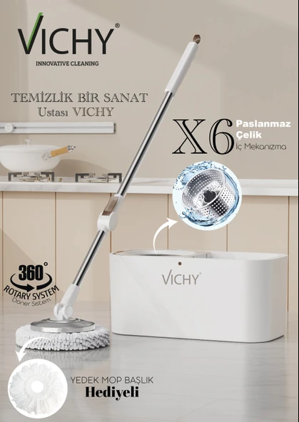 VICHY 360° Döner Mop Temizlik Seti | Kolay Sıkma Kova, Mikrofiber Mop (Yedek Mop Hediyeli) VCH-6677 X6 ürün görseli