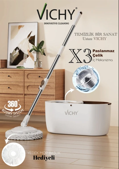 VICHY 360° Döner Mop Temizlik Seti | Kolay Sıkma Kova, Mikrofiber Mop (Yedek Mop Hediyeli) VCH-6675 X3 ürün görseli