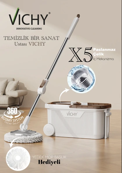 VICHY 360° Döner Mop  Tekerlekli Temizlik Seti | Kolay Sıkma Kova, Mikrofiber Mop (Yedek Mop Hediyeli) VCH-6676 X5 ürün görseli