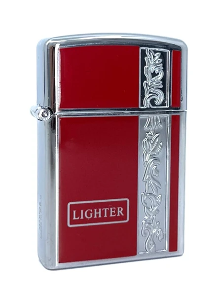 Metal Jet Alev Çakmak  Gravür Şeritli  Parlak Krom - Kırmızı ürün görseli 1