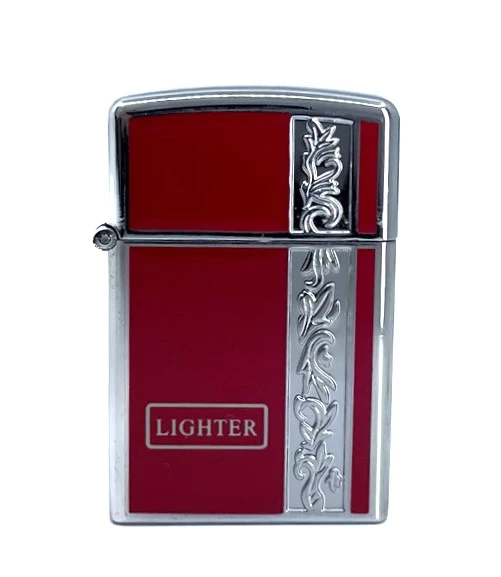 Metal Jet Alev Çakmak  Gravür Şeritli  Parlak Krom - Kırmızı - Resim 2