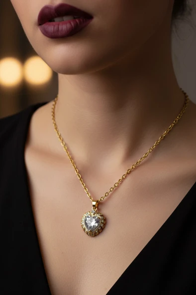 Altın Renk Beyaz Taş Kalp Model Sf Zincir Çelik Kolye - 3721 ürün görseli 1