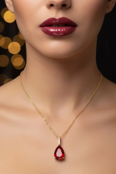 Altın Renk Sıra Taşlı Bordo Damla Model  Sf  Zincir Çelik Kolye - 3745 ürün görseli 1