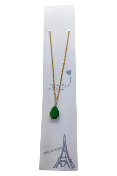 Altın Renk Sıra Taşlı Yeşil Damla Model  Sf  Zincir Çelik Kolye - 3744 - Resim 3