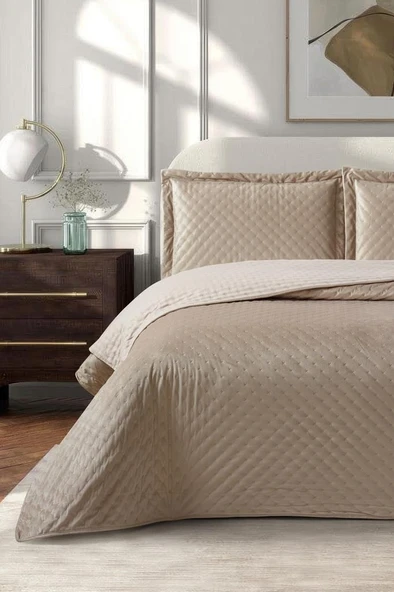 Parma Çift Kişilik Lüks Kadife 240x260 cm Yatak Örtüsü Cappucino ürün görseli