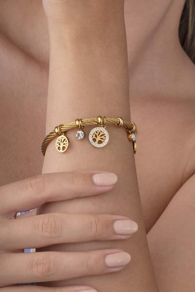Fil Yonca Figürlü Aqua Taşlı Altın Kaplama Çelik Kadın Charm Bileklik - Resim 2