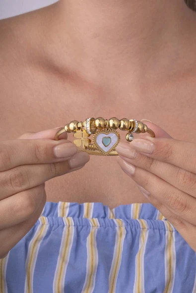 Kalp Yonca Figürlü Altın Kaplama Çelik Kadın Charm Bileklik - 2