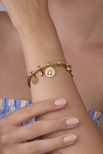 Hasır Model Hayat Ağacı Figürlü Altın Kaplama Çelik Kadın Charm Bileklik ürün görseli 1