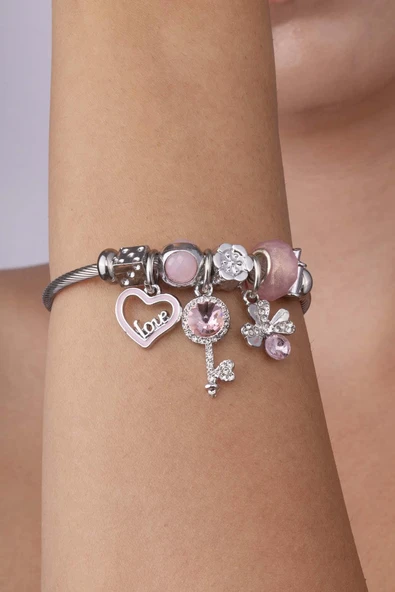Gümüş Pazarım Kalp Yonca Anahtar Figürlü Beyaz Altın Kaplama Çelik Kadın Charm Bileklik