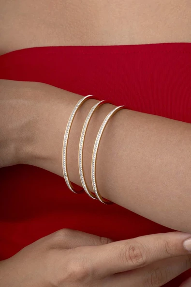 Gümüş Pazarım Tek Sıra Taşlı Altın Kaplama Üçlü Ajda Kadın Çelik Bilezik - 3