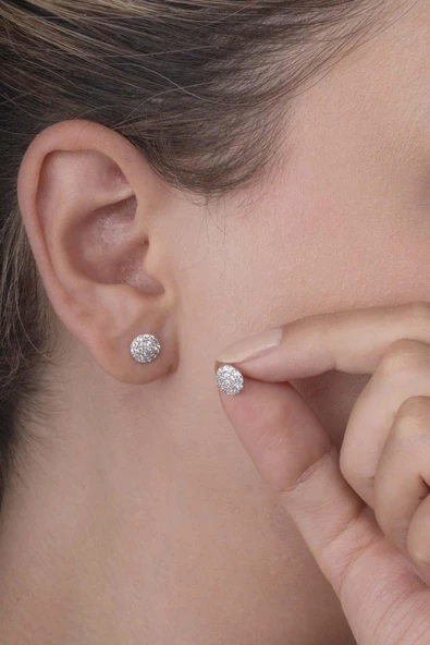 Gümüş Pazarım Yuvarlak Kesim Zirkon Taşlı 925 Ayar Gümüş Kadın Küpe - 2