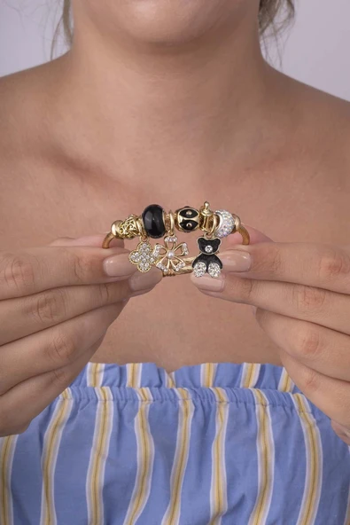 Panda Yonca Figürlü Altın Kaplama Çelik Kadın Charm Bileklik - Resim 2