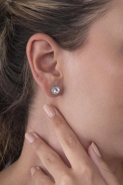 Gümüş Pazarım Yuvarlak Kesim Tektaş Kadın Gümüş Küpe - 3