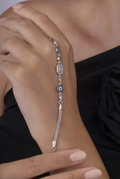 Gümüş Pazarım Nazar Boncuklu Baget Taşlı 925 Ayar Gümüş Kadın Bileklik ürün görseli 1