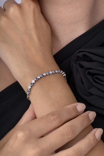 Gümüş Pazarım Nazar Boncuklu Yuvarlak Taşlı 925 Ayar Gümüş Kadın Bileklik