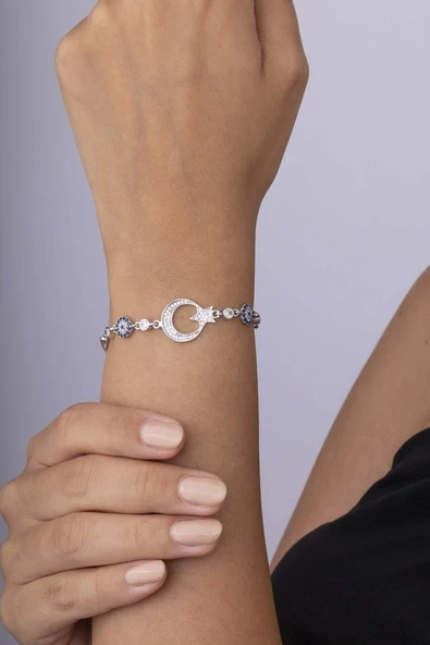 Gümüş Pazarım Nazar Boncuğu Motifli Ay Yıldız 925 Ayar Gümüş Bileklik - Resim 3