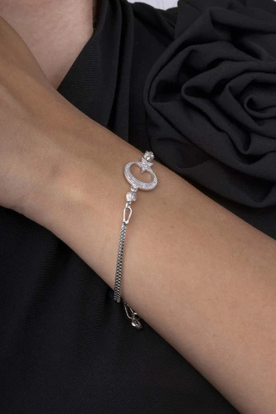 Gümüş Pazarım Ay Yıldız 925 Ayar Gümüş Beyaz Altın Kaplama Kadın Bileklik - 3