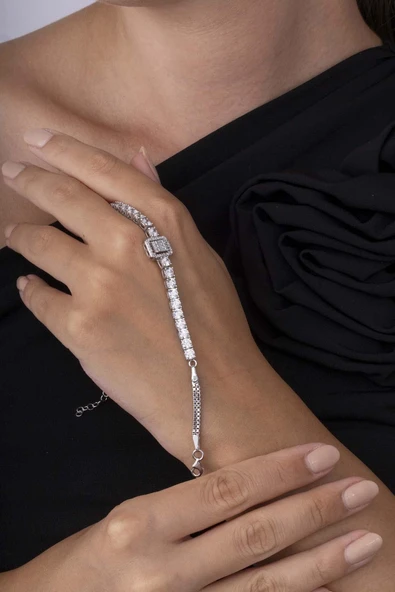 Gümüş Pazarım Baget Taşlı Pırlanta Montür 925 Ayar Gümüş Kadın Bileklik - 3