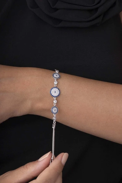 Gümüş Pazarım Üçlü Nazar Boncuğu Beyaz Altın Kaplama 925 Ayar Gümüş Kadın Bileklik - Resim 3