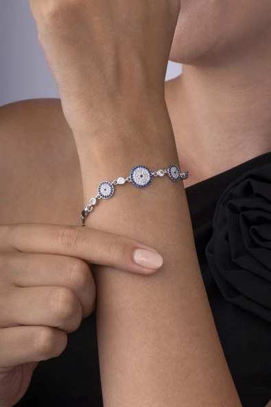 Gümüş Pazarım Üçlü Nazar Boncuğu Beyaz Altın Kaplama 925 Ayar Gümüş Kadın Bileklik ürün görseli 1