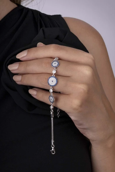 Gümüş Pazarım Üçlü Nazar Boncuğu Beyaz Altın Kaplama 925 Ayar Gümüş Kadın Bileklik - Resim 2