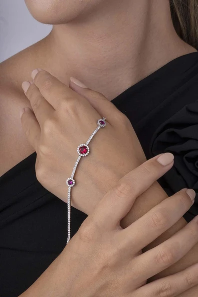 Gümüş Pazarım Yuvarlak Kırmızı Taşlı Üçlü Su Yolu Kadın Gümüş Bileklik - 2