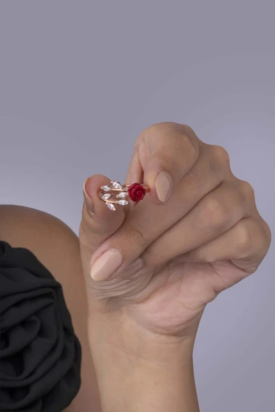Gümüş Pazarım Yaprak Geçişli Kırmızı Gül 925 Ayar Gümüş Kadın Yüzük - 2