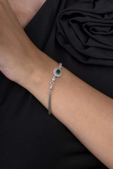 Gümüş Pazarım Elmas Montür Zümrüt Kadın Gümüş Bileklik - 2