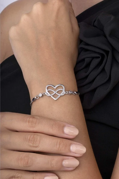Gümüş Pazarım Geçmeli Sonsuzluk Kalp 925 Ayar Gümüş Kadın Bileklik ürün görseli 1