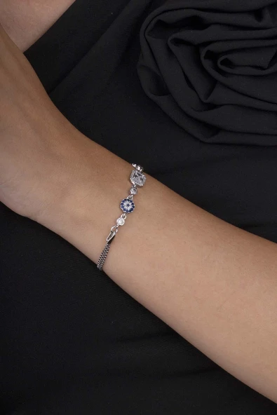 Gümüş Pazarım Nazar Boncuklu Baget Taşlı 925 Ayar Gümüş Kadın Bileklik - Resim 3