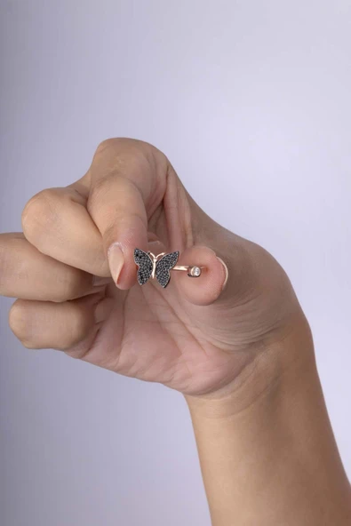 Gümüş Pazarım Oniks Taşlı Kelebek 925 Ayar Gümüş Kadın Ayarlamalı Yüzük - 3