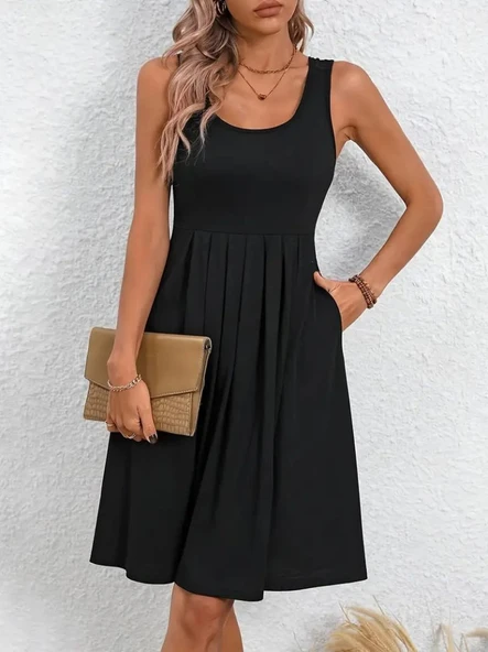 Kadın Askılı Yuvarlak Yaka önden Pileli Viskon Elbise ürün görseli