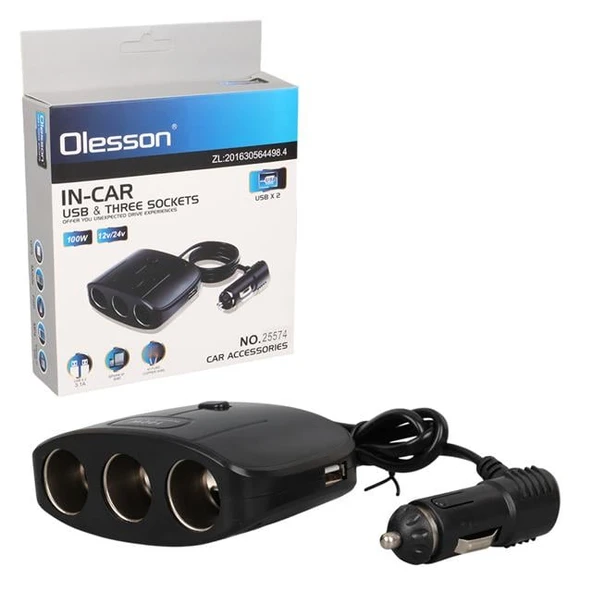 Olesson 1635 12-24V Çift USB Girişli 100W 70 CM Kablolu 3'LÜ Araç Çakmak Çoklayıcı 100x66x40mm - 1