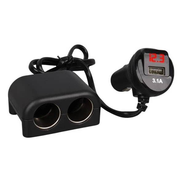 Olesson 1641 12-24V Tek USB Girişli 120W 80cm Kablolu Dijital Voltaj Ekranlı 2'li Araç Çakmak Çoklayıcı - Resim 2