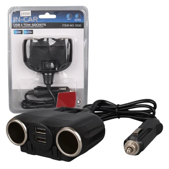 Olesson 1630 12-24V Çift USB Girişli 120W 80cm Kablolu 2'LI Araç Çakmak Çoklayıcı ürün görseli