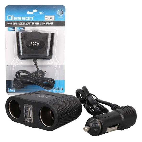 Olesson 1645 12-24V Tek USB Girişli 100W 70cm Kablolu 2'li Araç Çakmak Çoklayıcı ürün görseli