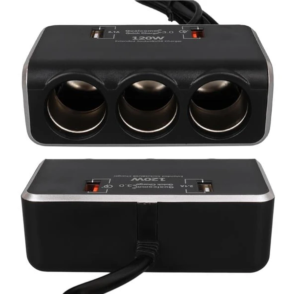 Olesson 1639 12-24V Çift USB Girişli Hızlı Şarj Destekli 120W 80cm Kablolu Dijital Voltaj Ekranlı 3'lü Araç Çakmak Çoklayıcı - Resim 4