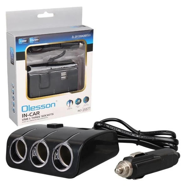 Olesson 1506 12-24V Çift USB Girişli 120W 80 CM Kablolu 3'LÜ Araç Çakmak Çoklayıcı - 1