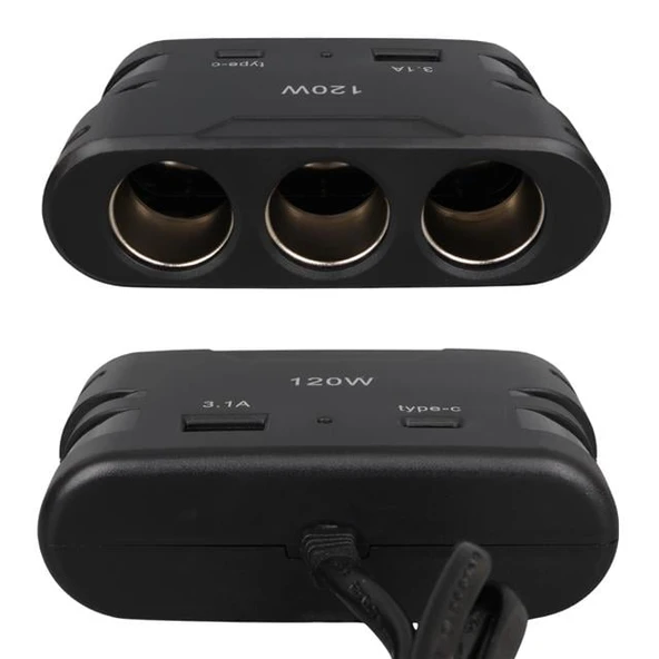 Olesson 2013 12-24V TYPE-C + USB Girişli 120W 80 CM Kablolu 3'lü Araç Çakmak Çoklayıcı - Resim 4