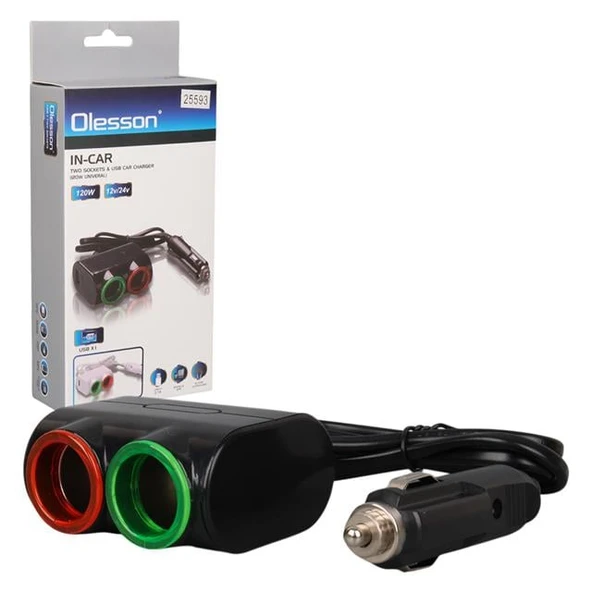 Olesson 1631 12-24V Tek USB Girişli 120W 80cm Kablolu 2'LI Araç Çakmak Çoklayıcı - 1