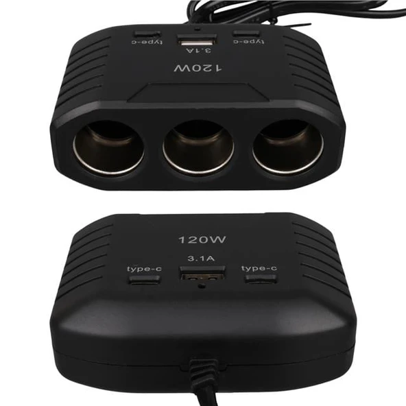 Olesson 2012 12-24V Çift TYPE-C - Tek USB Girişli 120W 80cm Kablolu 3'LÜ Araç Çakmak Çoklayıcı - Resim 4