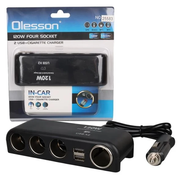 Olesson 1525 12-24V Çift USB'LI 120W 80cm Kablolu 4'LÜ Araç Çakmak Çoklayıcı - Resim 5