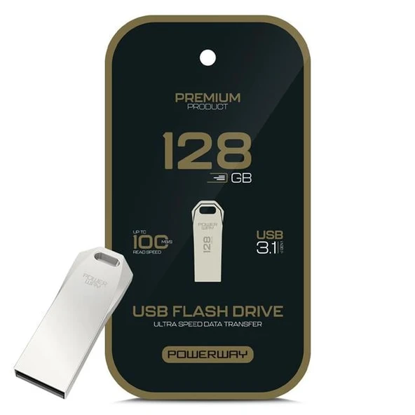 Powerway Premium 128 GB 100MB/S Ultra Hızlı USB 3.1 Metal Silver Flash Bellek ürün görseli 1