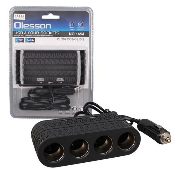 Olesson 1654 12-24V Çift USB - TYPE-C 120W 80cm Kablolu 4'LÜ Araç Çakmak Çoklayıcı ürün görseli