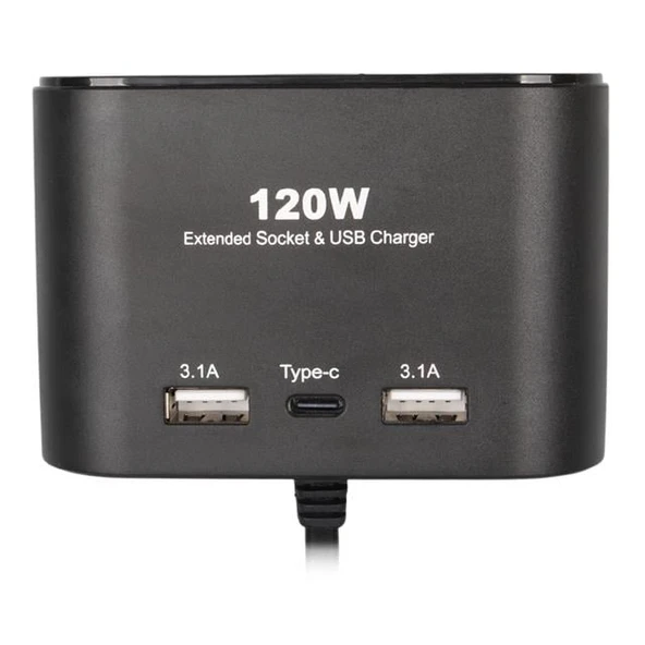 Olesson 1653 12-24V Çift USB + TYPE-C Girişli 100W 70cm Kablolu 3'lü Araç Çakmak Çoklayıcı - Resim 3