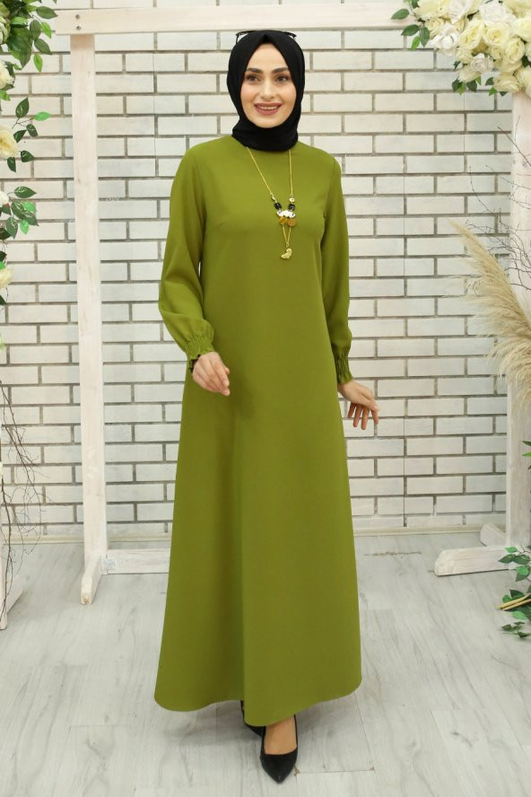 Kolyeli Tesettür Elbise - Yağ Yeşili