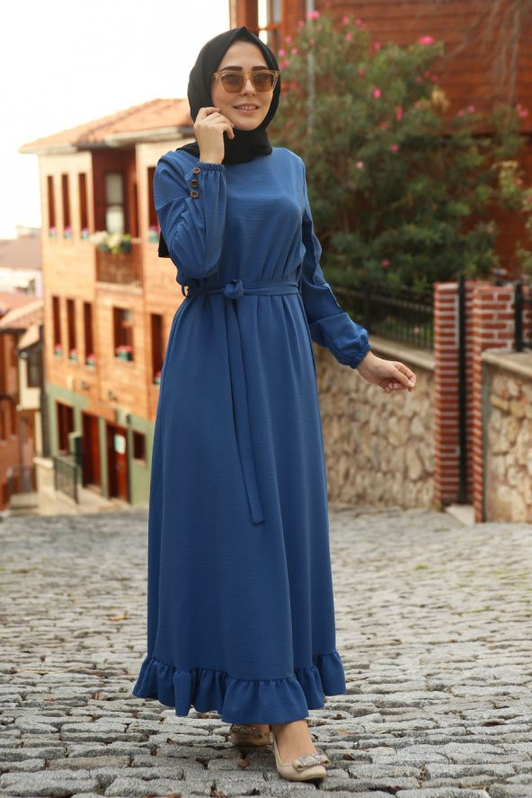 Kuşaklı Tesettür Elbise - İndigo - 1