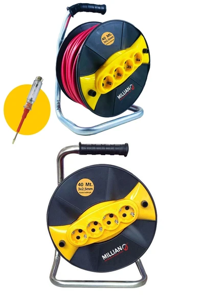 Millian 3 X 2,5 40 m Sertifikalı Makaralı Seyyar Uzatma Kablosu 4 Prizli ( Dörtlü )