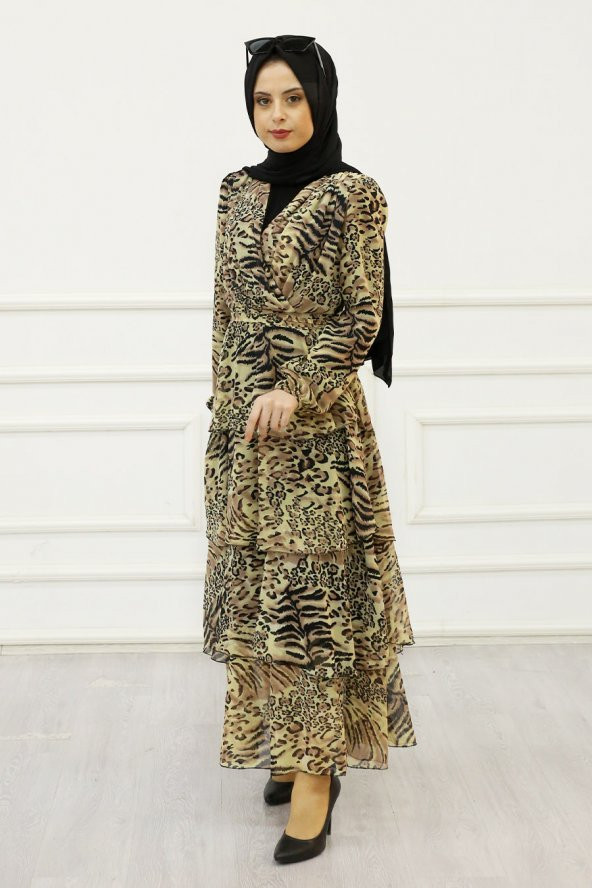 Leopar Desenli Tesettür Elbise